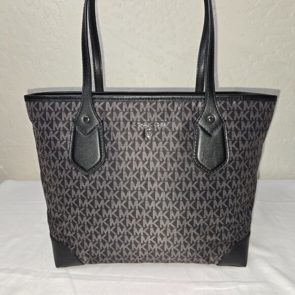 Michael Kors Eva Black / Gray Signature Logo Zip Top Shoulder Tote Bag - Picture 1 of 11